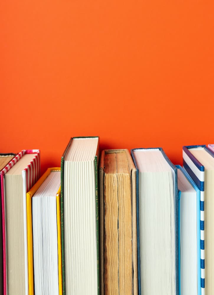 books lined up against an orange wall
