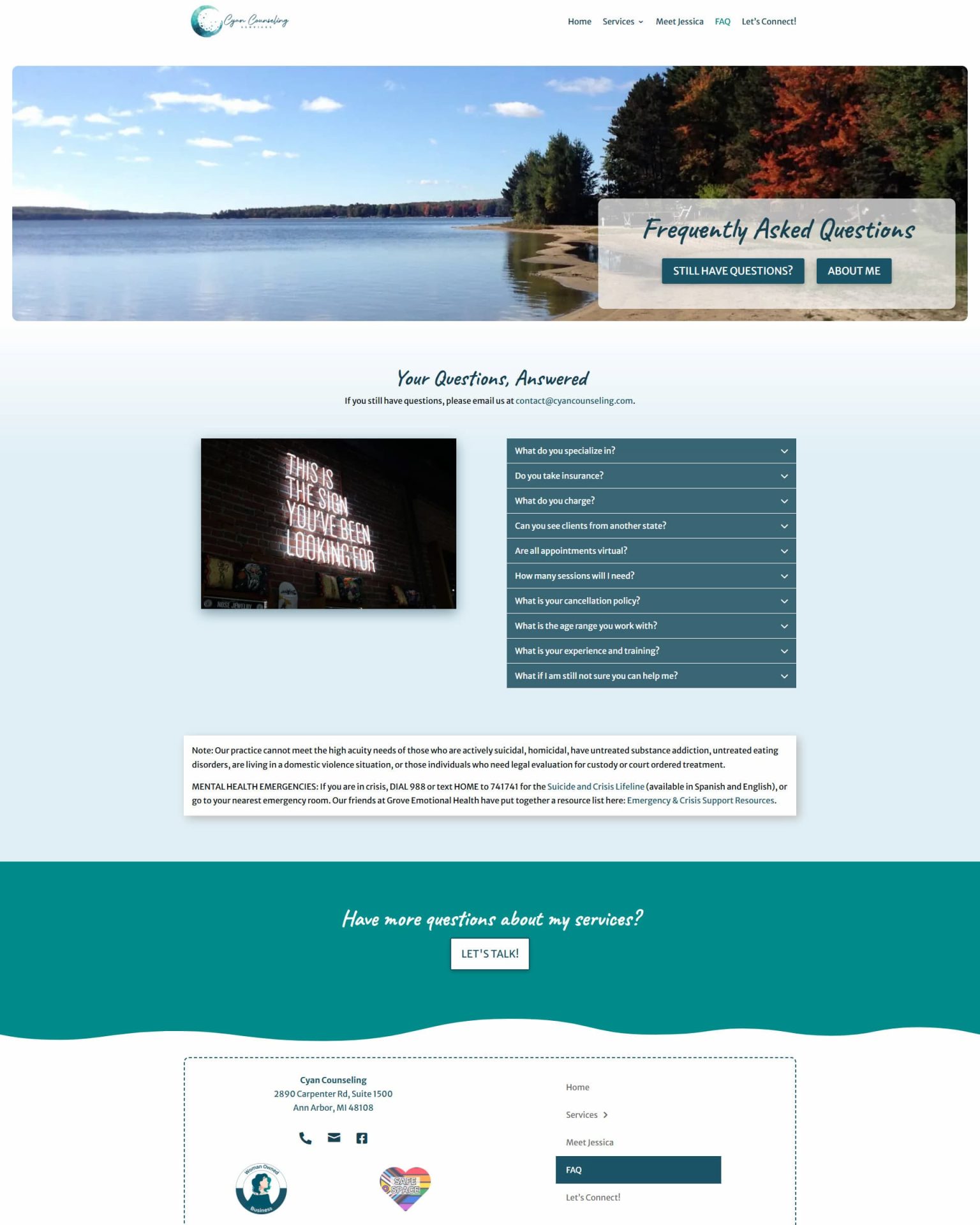 screenshot of cyan counseling faq page