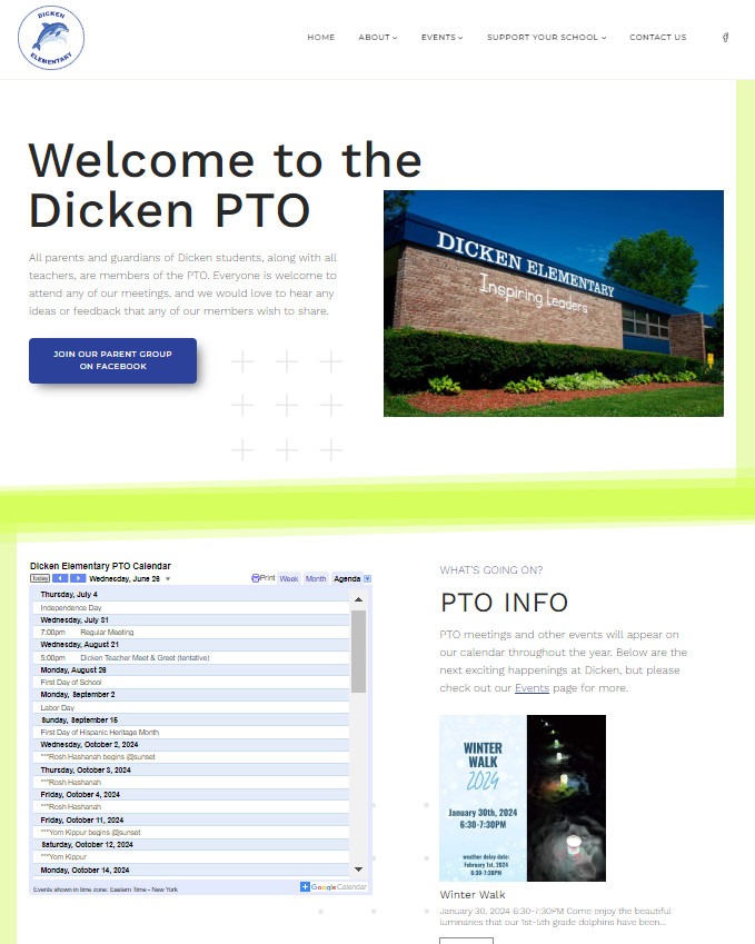 screenshot of dicken elementary pto homepage