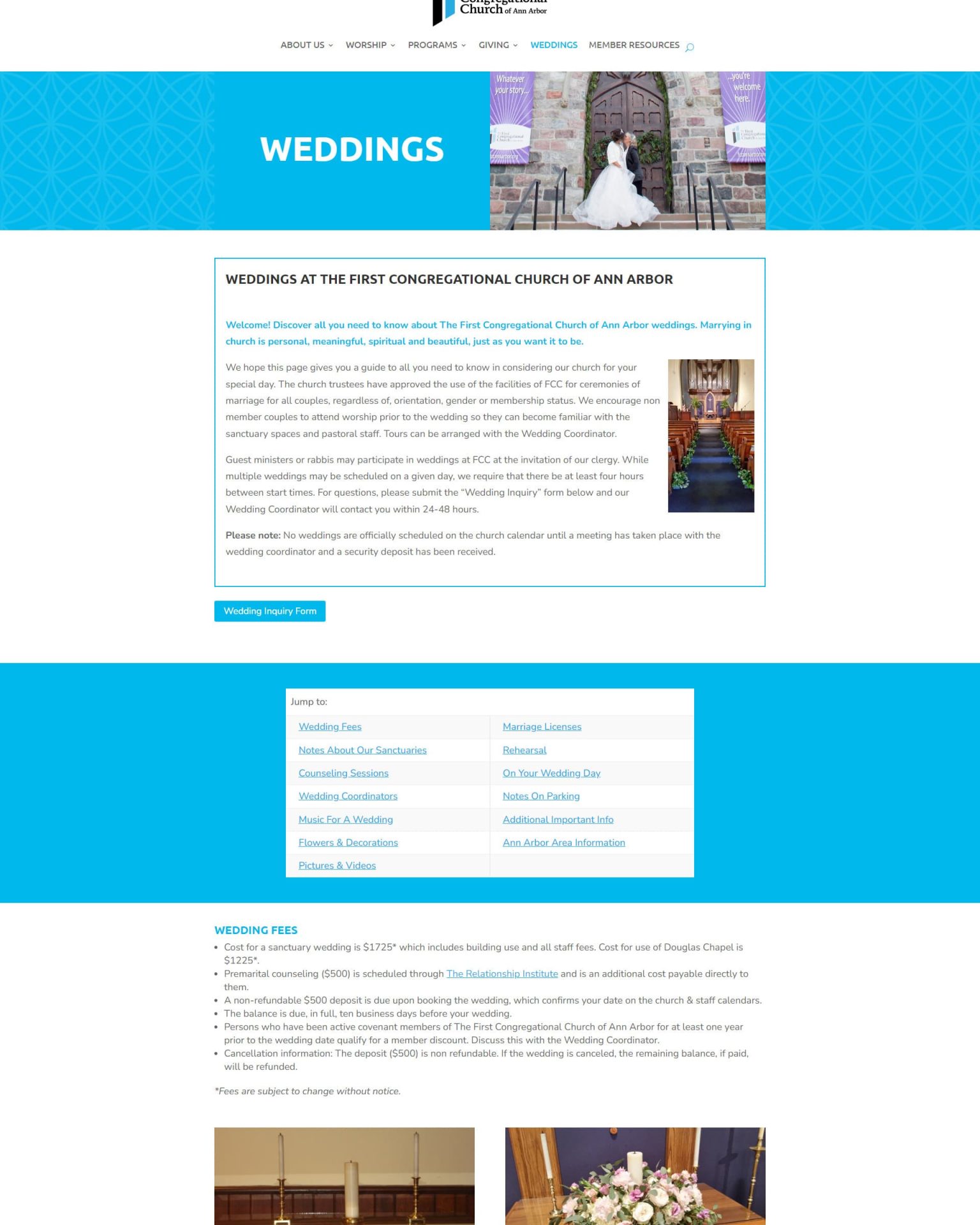 screenshot of fcc ann arbor weddings page